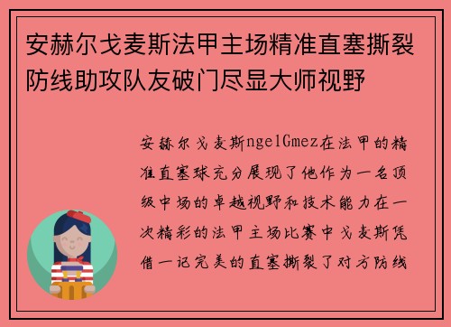 安赫尔戈麦斯法甲主场精准直塞撕裂防线助攻队友破门尽显大师视野